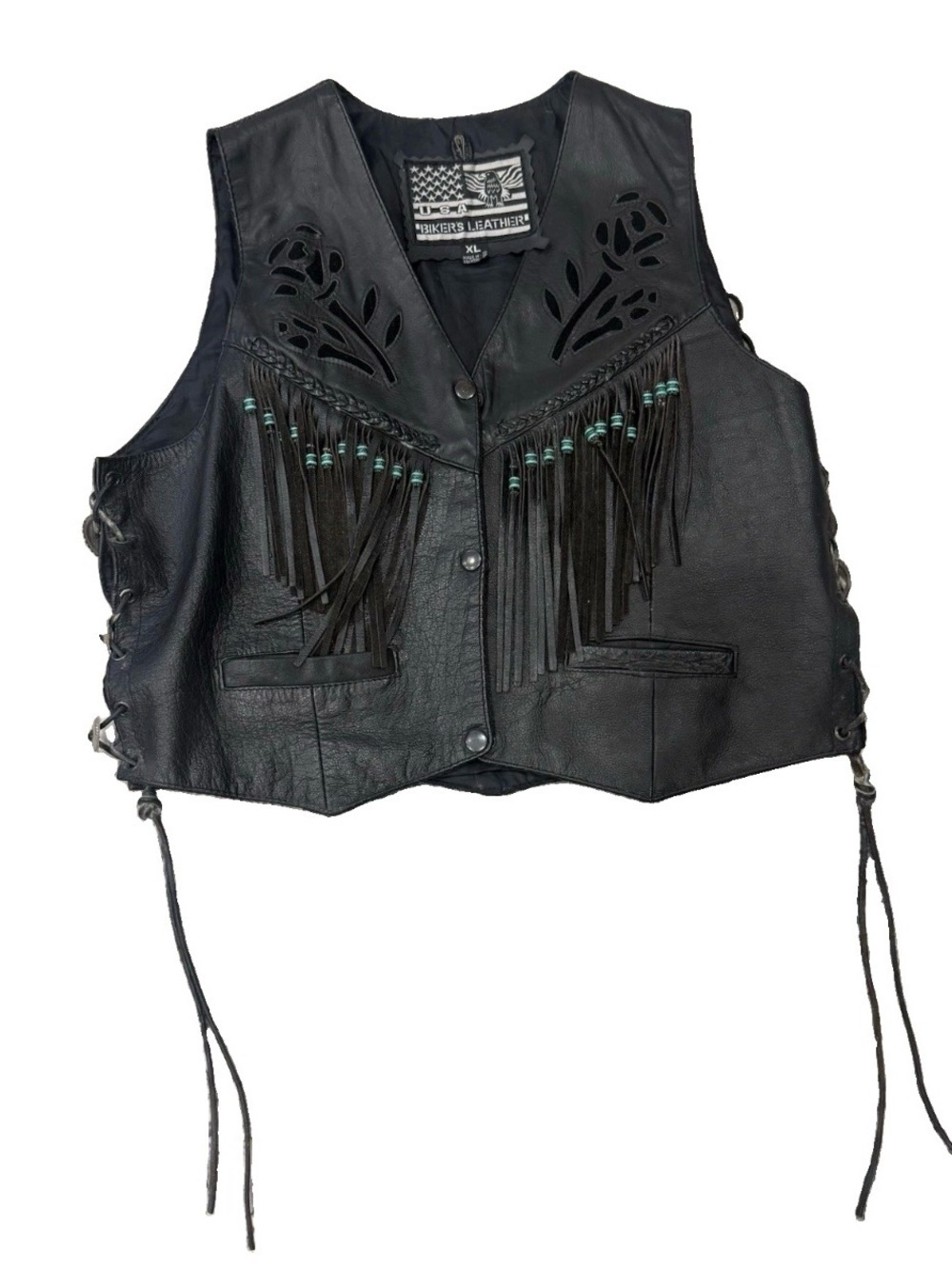 USA Biker’s Leather XL Black Fringe Vest Floral Concho Lace Genuine Leather